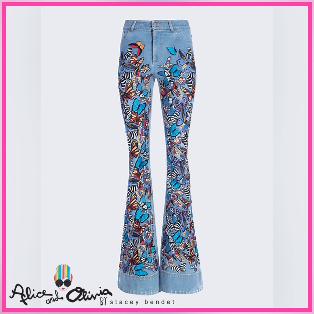 Alice + Olivia Beautiful Embroidered Butterfly Bell Jeans Pant - Picture 14 of 16